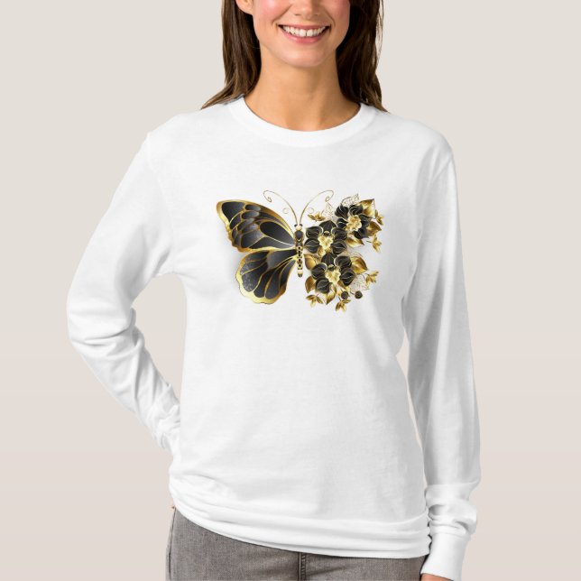 Camiseta Borboleta Flor Dourada com Orquídea Preta (Frente)