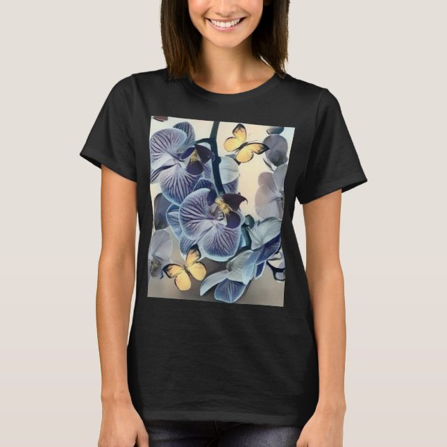 Camiseta Borboleta floral de orquídea amarela púrpura (Frente)