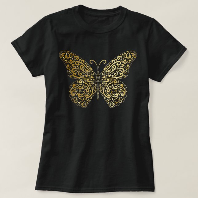 Camiseta Borboleta Flourish Dourada Elegante (Frente do Design)