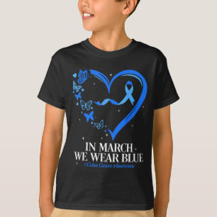 Camiseta Borboleta laço azul coração azul cancro do cólon
