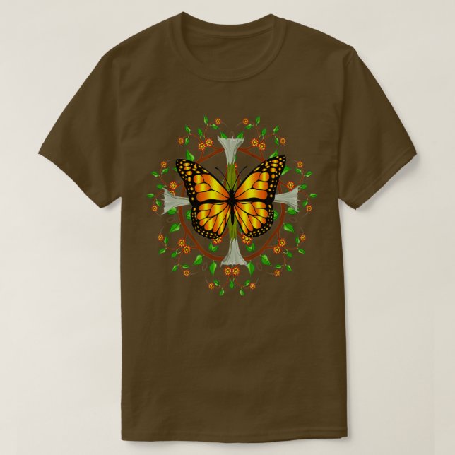 Camiseta Borboleta Monarca com Datura Blooms Folaf Mandala (Frente do Design)