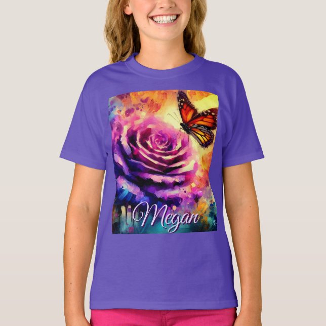 Camiseta Borboleta Monarca em Rosa ao Pôr do Sol Personaliz (Frente)
