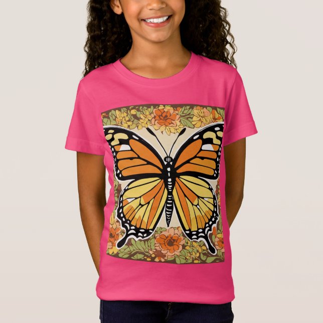 Camiseta Borboleta monarca expressionista com padrão floral (Frente)