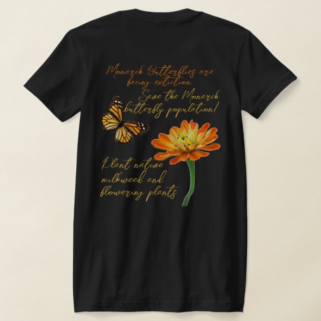 Camiseta Borboleta-monarca, flor de zínia (Postura das costas)