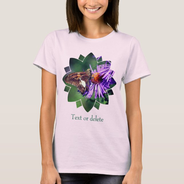 Camiseta Borboleta na Flor de Áster Roxo Personalizado (Frente)