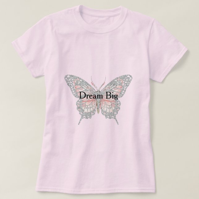 Camiseta Borboleta Prateada Rosa Personalizada (Frente do Design)