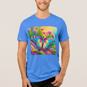 Camiseta Borboleta Psicodélica Colorida e Flores Silvestres