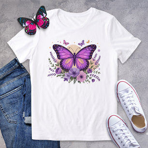 Camiseta Borboleta-púrpura e Camisa-Floral de Lavanda