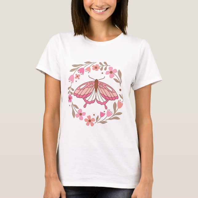 Camiseta Borboleta Rosa Boho e Ilustração de Grinalda Flora (Frente)