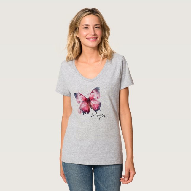 Camiseta Borboleta Rosa Esperança Inspiradora (Frente Completa)