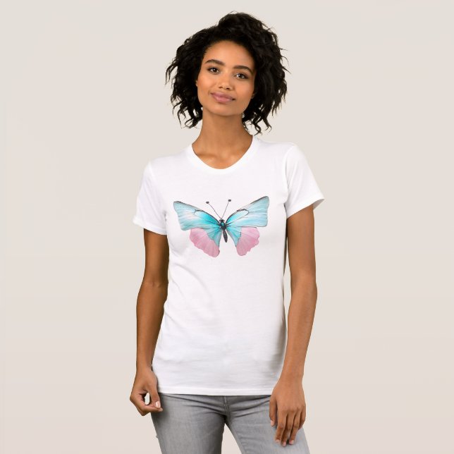Camiseta Borboleta Rosa Feminina e Aqua (Frente Completa)