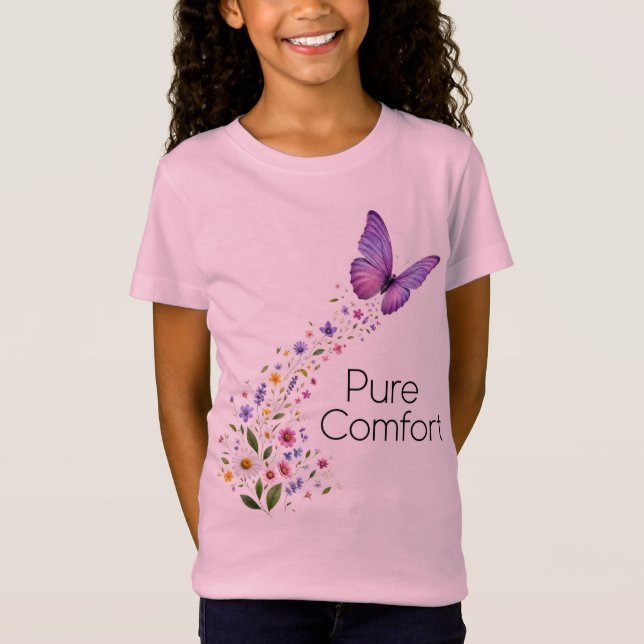 Camiseta Borboleta Roxa Vibrante com Trilha de Flores Silve (Frente)