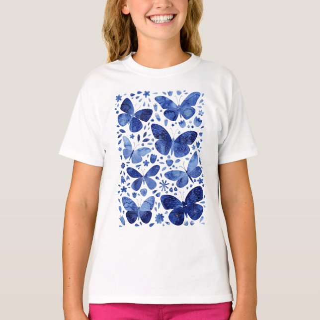 Camiseta Borboletas Aquarela Azul (Frente)