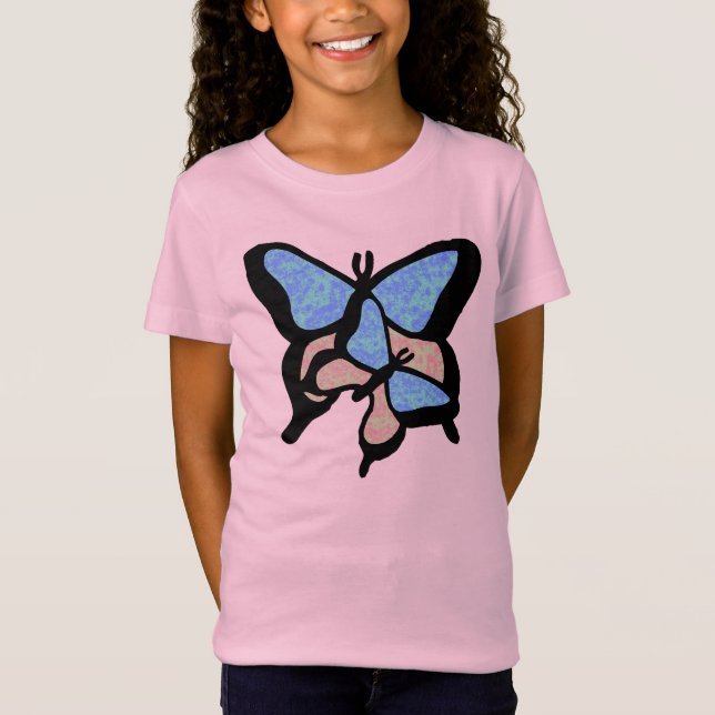 Camiseta Borboletas Azuis e Rosa Meninas Tee (Frente)