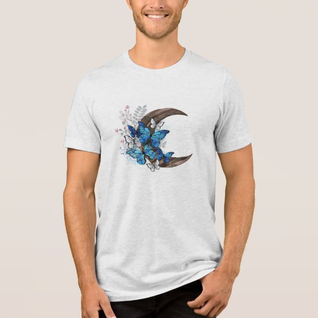 Camiseta Borboletas azuis em crescente de madeira (Frente)