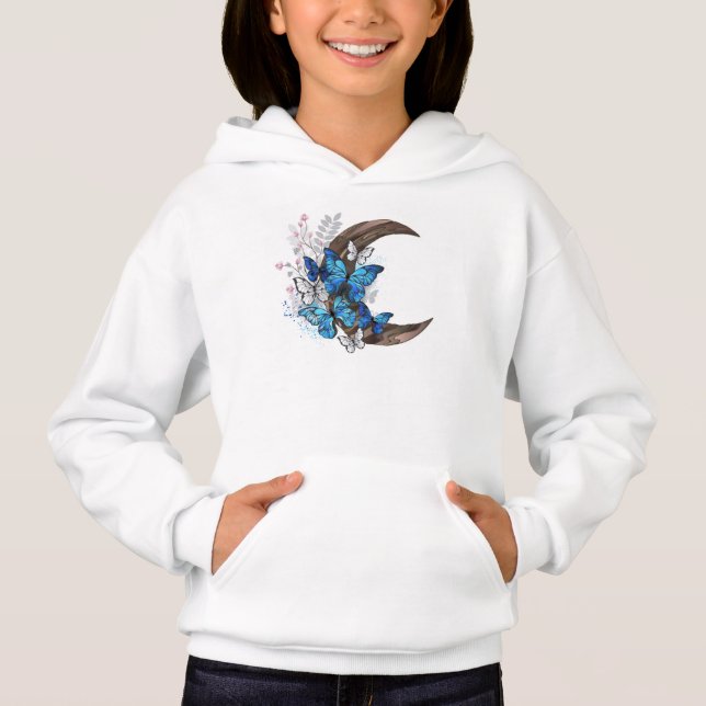 Camiseta Borboletas azuis em crescente de madeira (Frente)