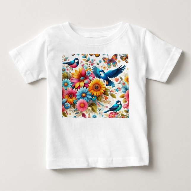 Camiseta Borboletas Coloridas Aves Flores Modelo Branco (Frente)