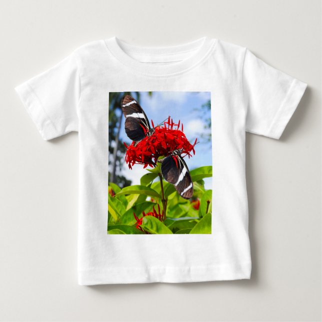 Camiseta Borboletas de zebra longevas em flores vermelhas (Frente)