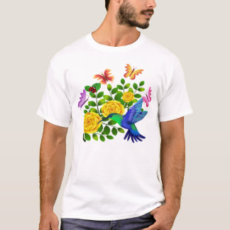 Camiseta Borboletas e beija-flores voam sobre uma praia