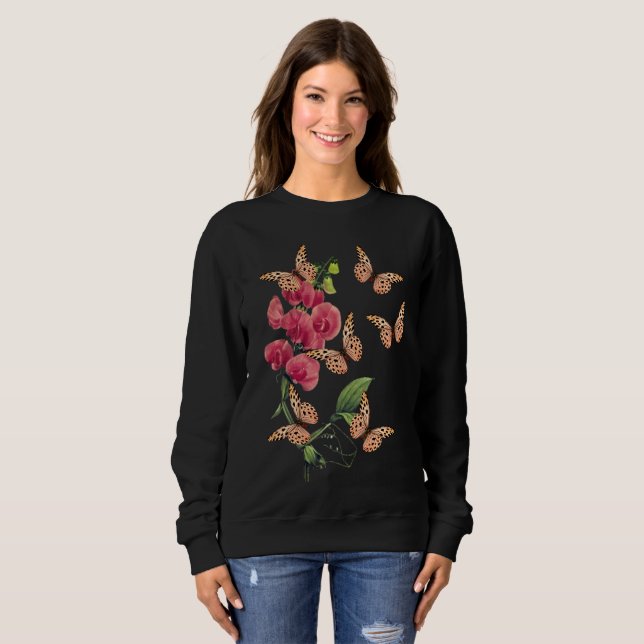 Camiseta Borboletas E Flor De Ervilha Doce Preto (Frente Completa)