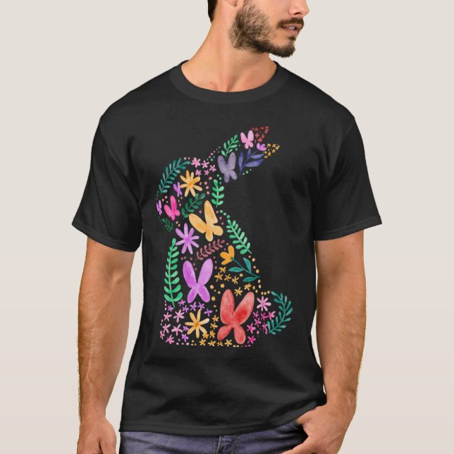 Camiseta Borboletas Flor Coelho de Páscoa Diversão para a P (Frente)