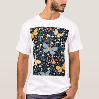 Camiseta Borboletas Floral: Desenho Manual Sem Costuras.