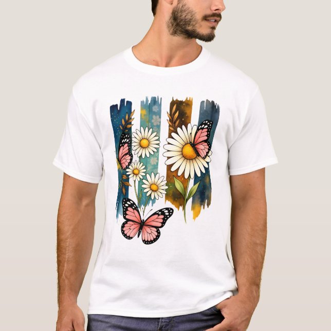 Camiseta Borboletas Margaridas em Listras Pintadas (Frente)