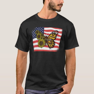 Camiseta Borboletas Monarca Girassol Bandeira Americana Pat