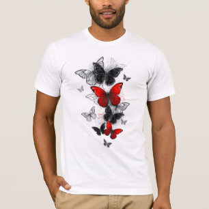Camiseta Borboletas Morfo Pretas e Vermelhas Voando