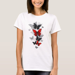 Camiseta Borboletas Morpho Pretas e Vermelhas Voando