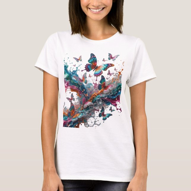 CAMISETA BORBOLETAS PRATEADAS EM SALPICOS COLORIDOS (Frente)