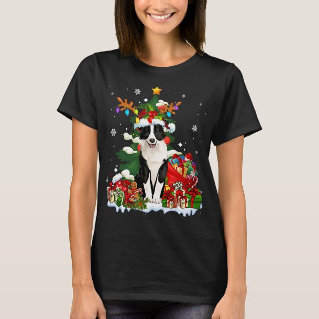 Camiseta Borda Collie Christmas Reindee Papais noeis Light  (Frente)