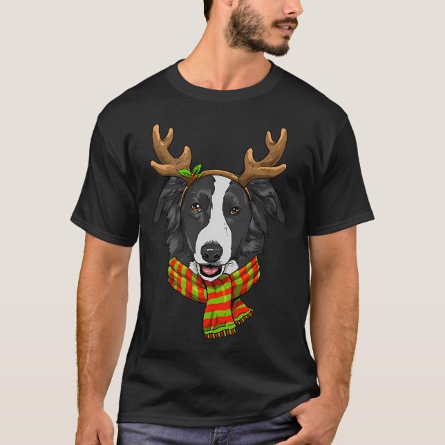 Camiseta Borda Collie Christmas Reindeer Antlers Dog (Frente)
