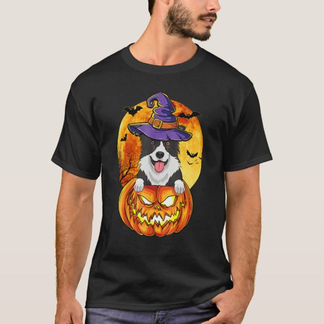 Camiseta Borda Collie Witch Pumpkin Cão de Halloween (Frente)