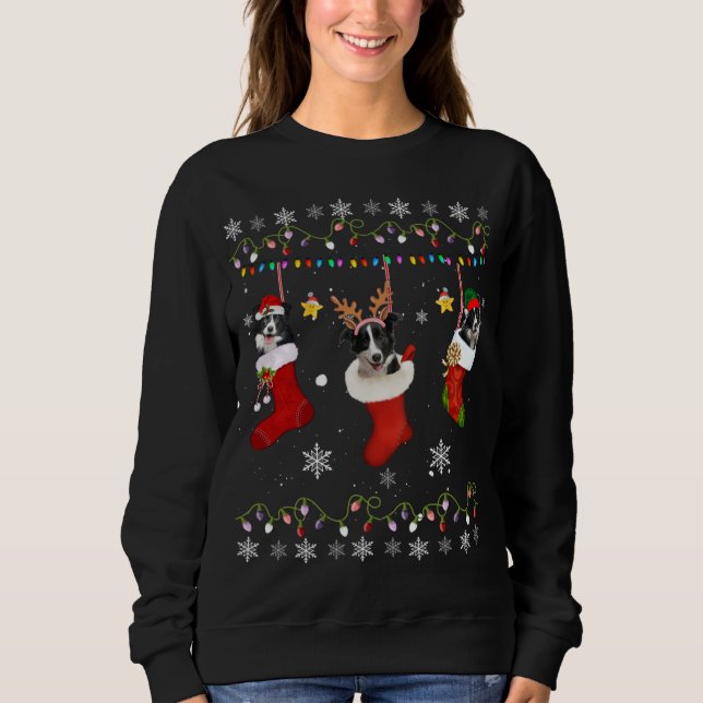 Camiseta Borda Engraçada Collie Meias de Natal Luzes Presen (Frente)