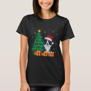 Camiseta Borda Feia Collie Santa Hat Cachorro das Luzes de 