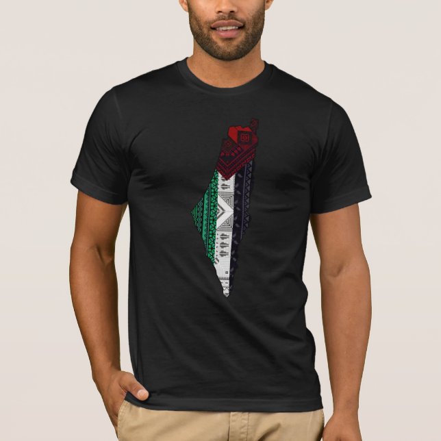 Camiseta Bordado Palestino tatreez Mapa de bandeira livre (Frente)