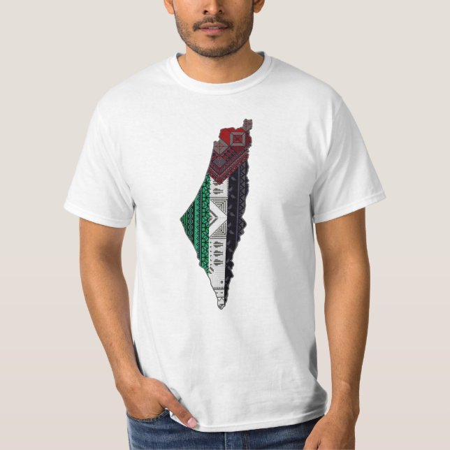 Camiseta Bordado Palestino tatreez Mapa de bandeira livre (Frente)