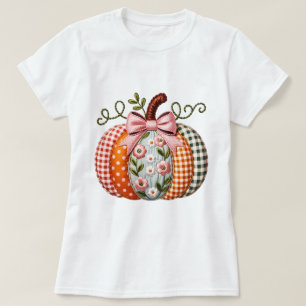 Camiseta Bordado Preto de Abóbora de Queda Autumn Orange Pi