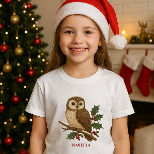 Camiseta Bordado russo Coruja de Natal com Holly