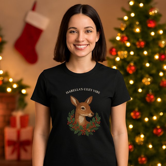 Camiseta Bordado russo Deer & Holiday Greens Natal (Criador carregado)
