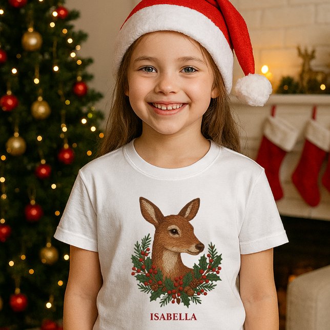 Camiseta Bordado russo Deer & Holiday Greens Natal (Criador carregado)