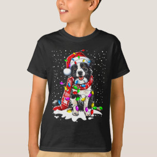 Camiseta Border Collie Cachorro Iluminação Xmas Chapéu de P