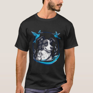 Camiseta Border Collie com Lúdra e Pássaros Azuis