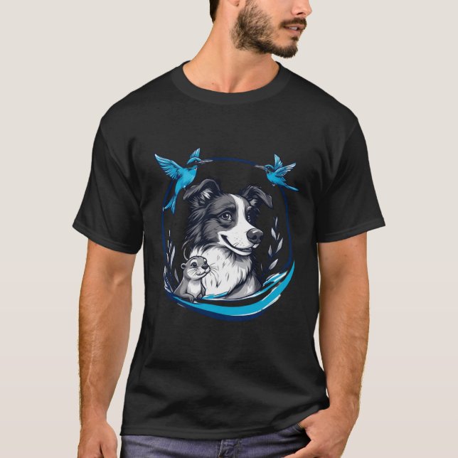 Camiseta Border Collie com Lúdra e Pássaros Azuis (Frente)