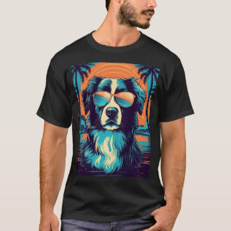 Camiseta Border Collie com óculos de sol em uma praia tropi