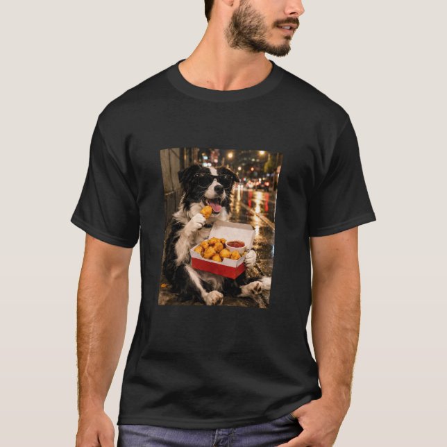 Camiseta Border Collie Comendo Meme de Nugget de Frango Ret (Frente)