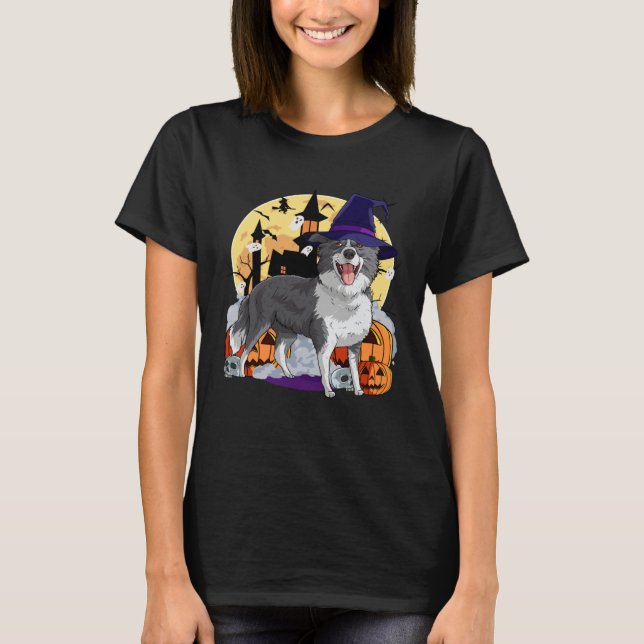 Camiseta Border Collie Cute Dog Halloween Witch Pumpkin (Frente)