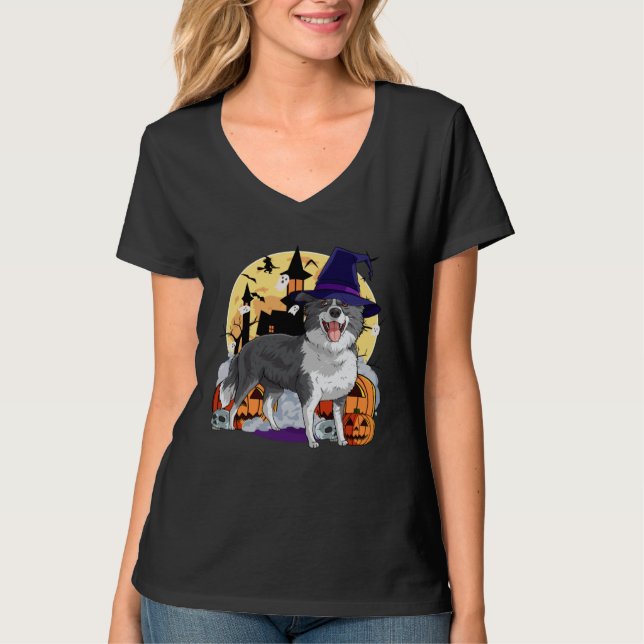 Camiseta Border Collie Cute Dog Halloween Witch Pumpkin (Frente)
