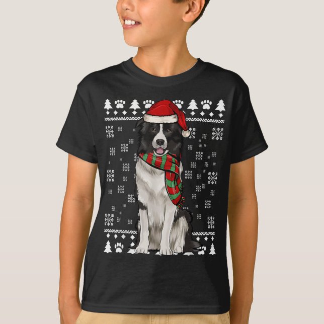 Camiseta Border Collie Dog Santa Hat Natal Feio (Frente)